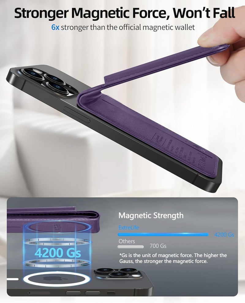ExtreLife For Magsafe Wallet, Works with Apple Find My, Strongest Magnetic Wallet for iPhone 17/16/15/14/13/12 Series, WalletTracker with Adjustable Stand, 6 Cards Holder, Vegan Leather, Purple - Image 4